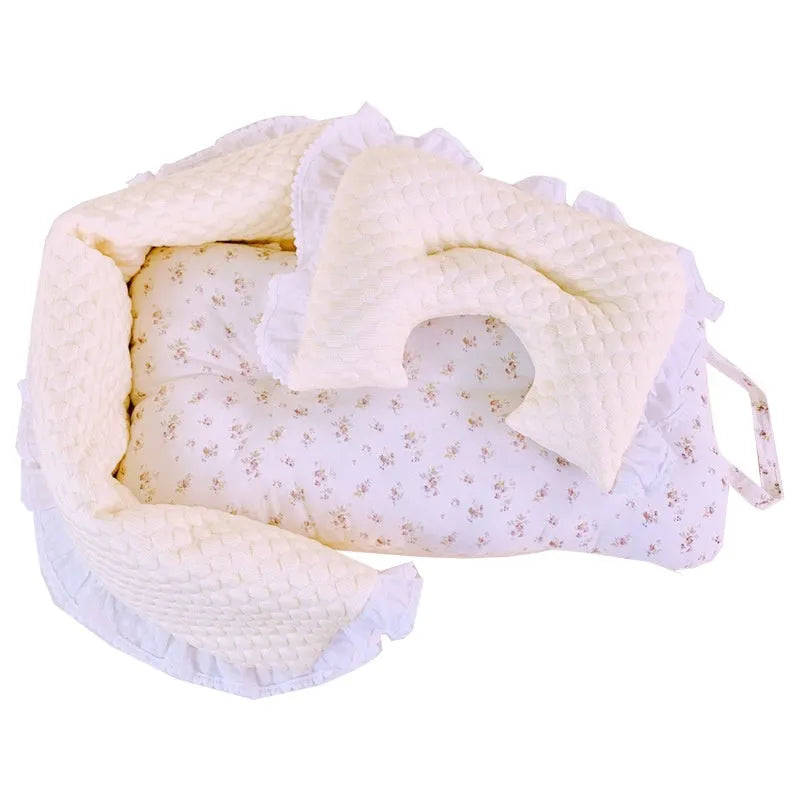 Pure cotton pet stroller three-piece set with towel, cushion and pillow in floral pattern