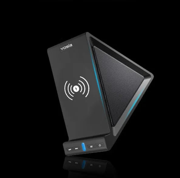 Black multifunctional Bluetooth speaker with integrated phone stand and wireless charging pad showing 165mm length