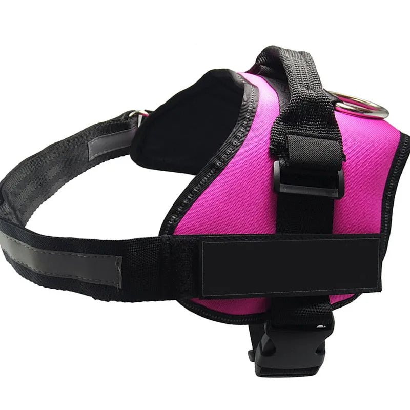 Adjustable reflective dog harness with handle and D-ring on blue background showing size chart