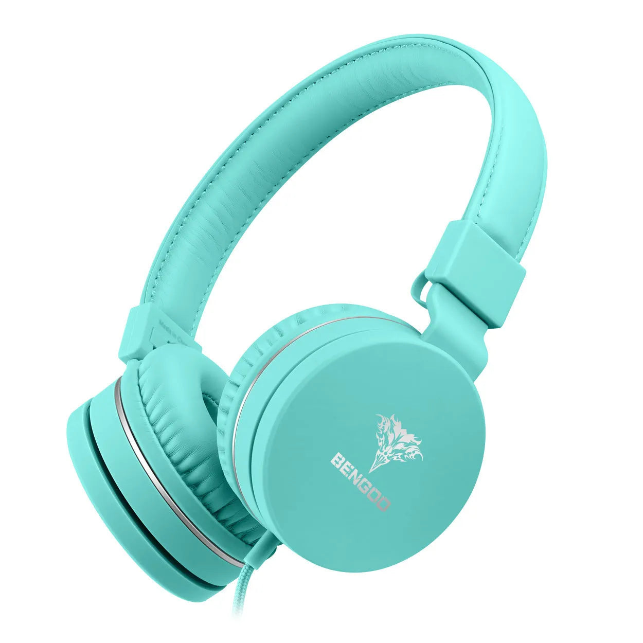 Bengoo C30 wired headphones with microphone in mint green colour, showing protein ear cushions and braided cable.