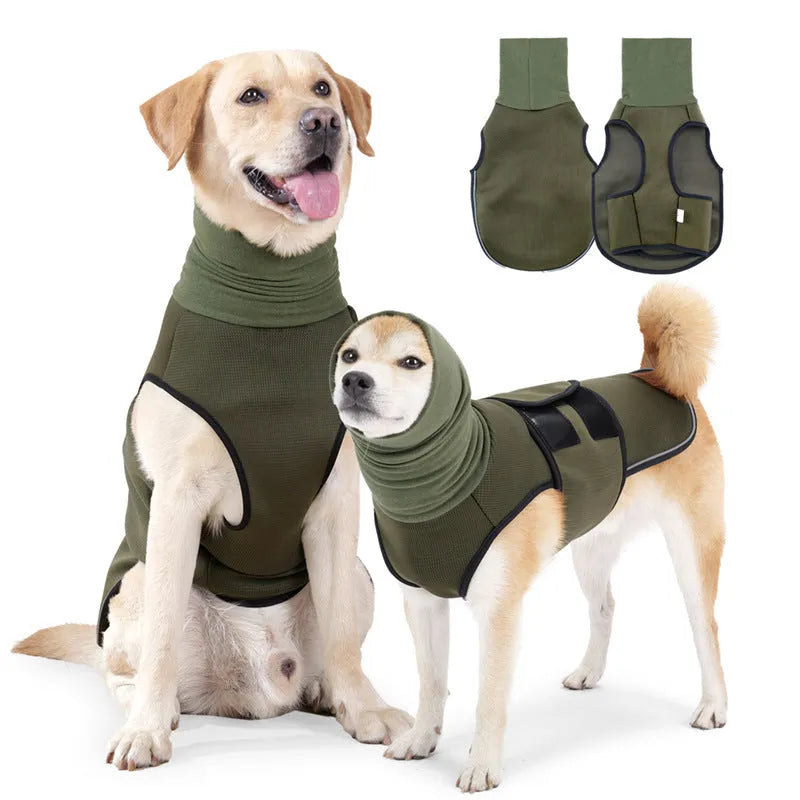 Dog wearing army green anti-anxiety calming jacket with gentle pressure wrap design