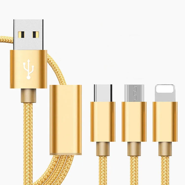 Three-in-one Micro USB charging cable for mobile phones in six colour options