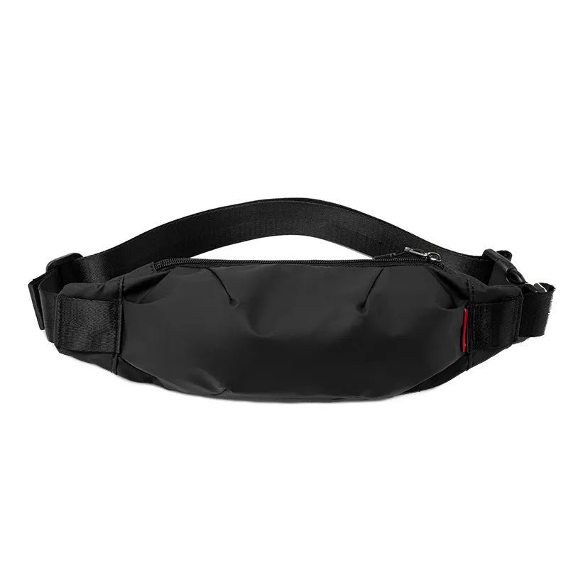 Black Oxford cloth crossbody waist pack showing front zipper and strap