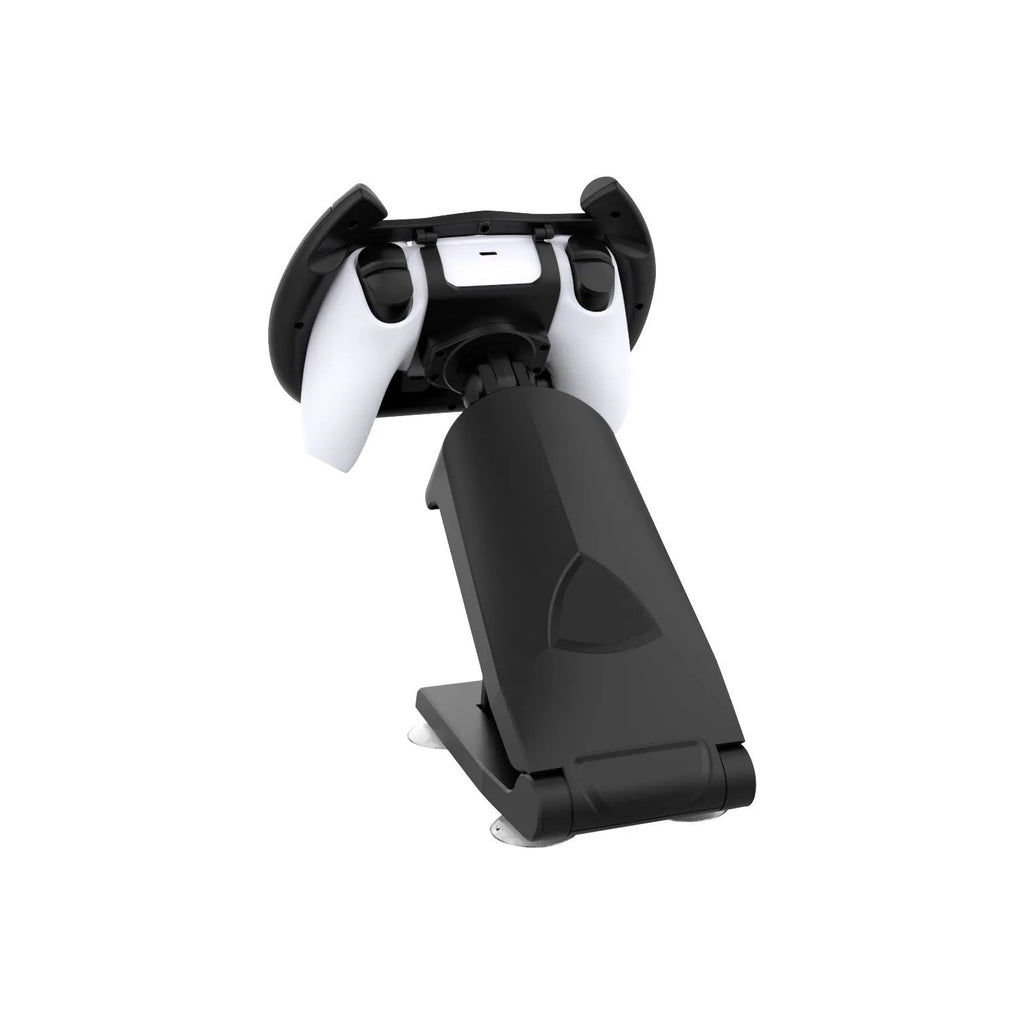 Black ABS plastic gamepad steering wheel bracket with a suction cup for mounting a mobile phone.