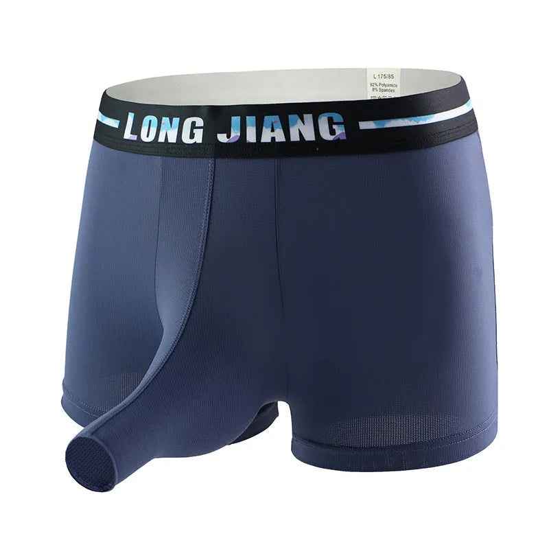 Men's solid colour ice silk boxer shorts in mid-waist trunk style