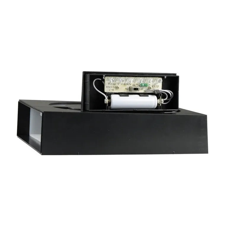Solar powered house number light with 6 LEDs and IP65 waterproof rating mounted on an exterior wall.