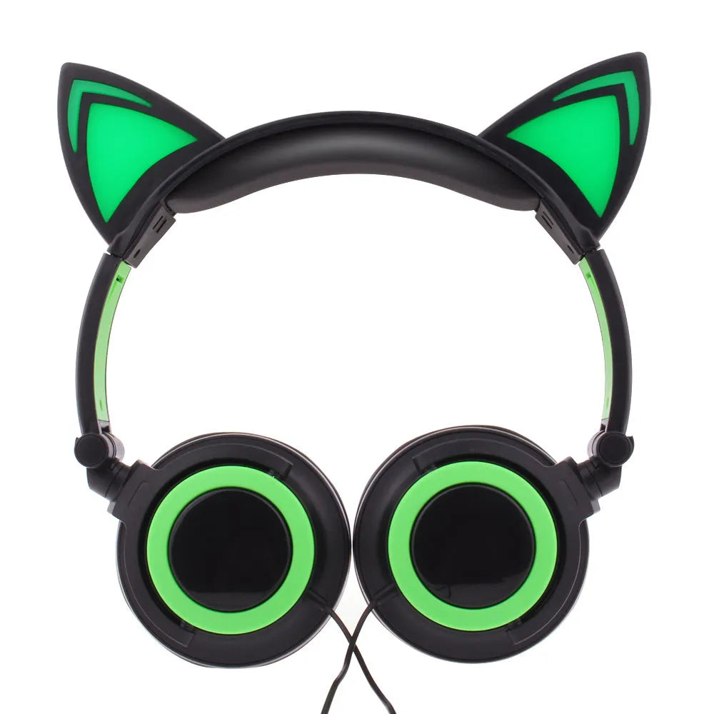 LED illuminated black cat ear headphones with soft PU earcups and a 1.5m cable showing pink and blue lighting