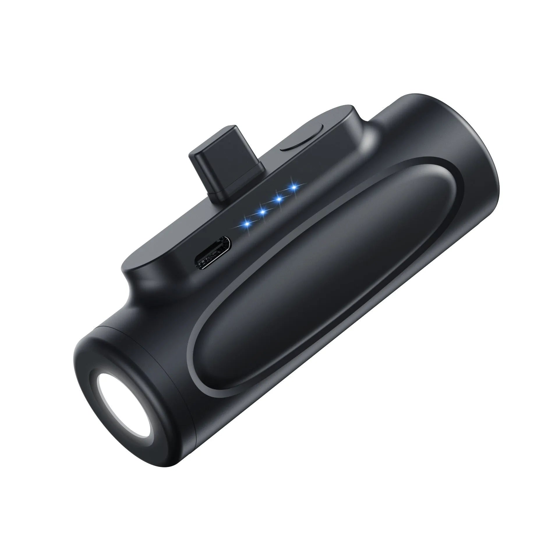 Black and pink creative power bank with integrated LED flashlight showing scale and port options.