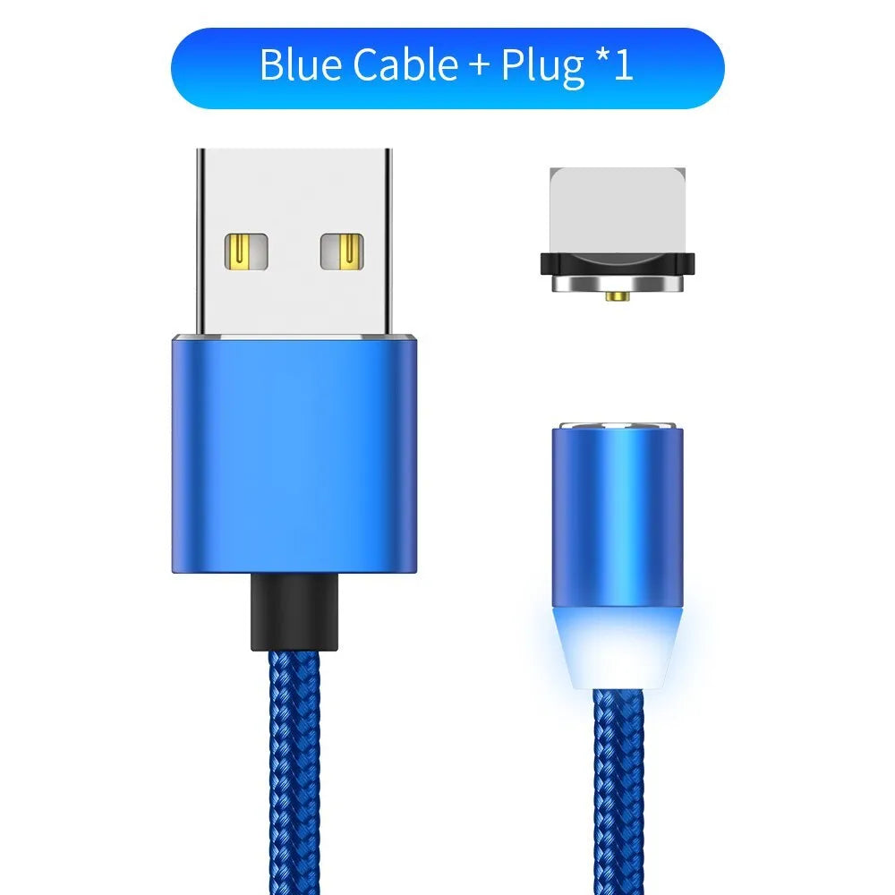 YBD black and red braided magnetic charging cable with Lightning, Micro USB, and Type-C connectors on a table.