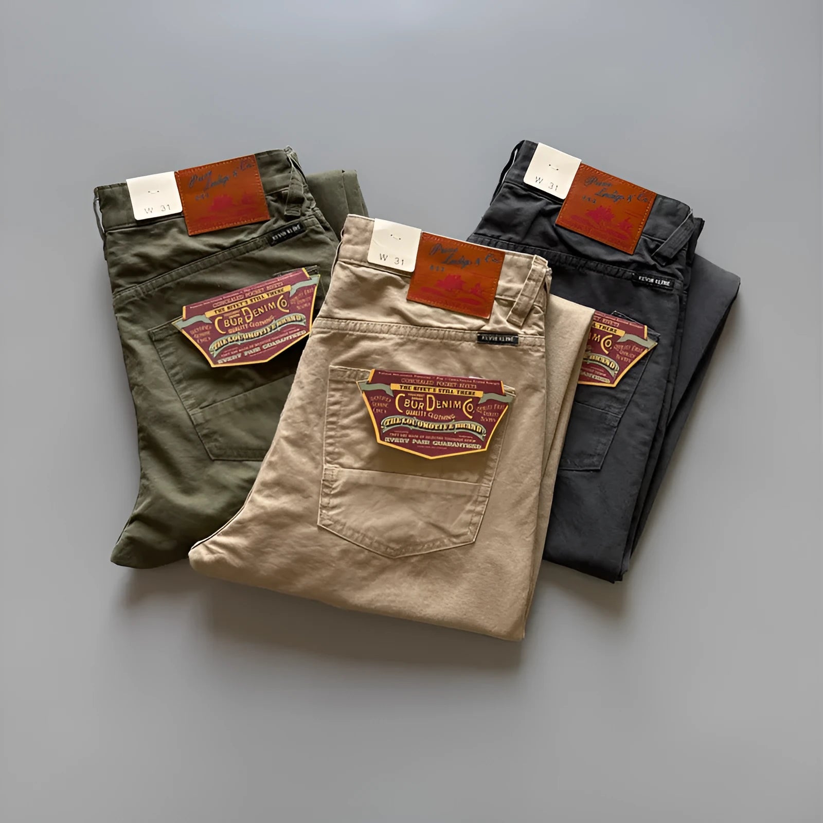 Men's grey straight-leg cotton casual trousers laid flat, showing mid-waist and inelastic design.