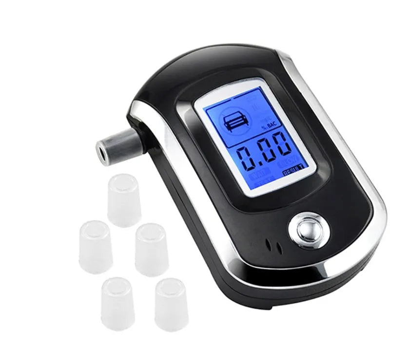 Black handheld portable alcohol breathalyser tester with digital screen and mouthpiece.