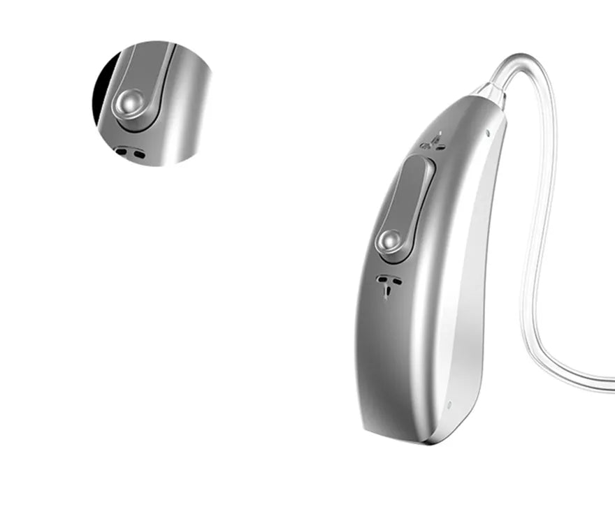 Rechargeable invisible hearing aid and USB charging case on a table.