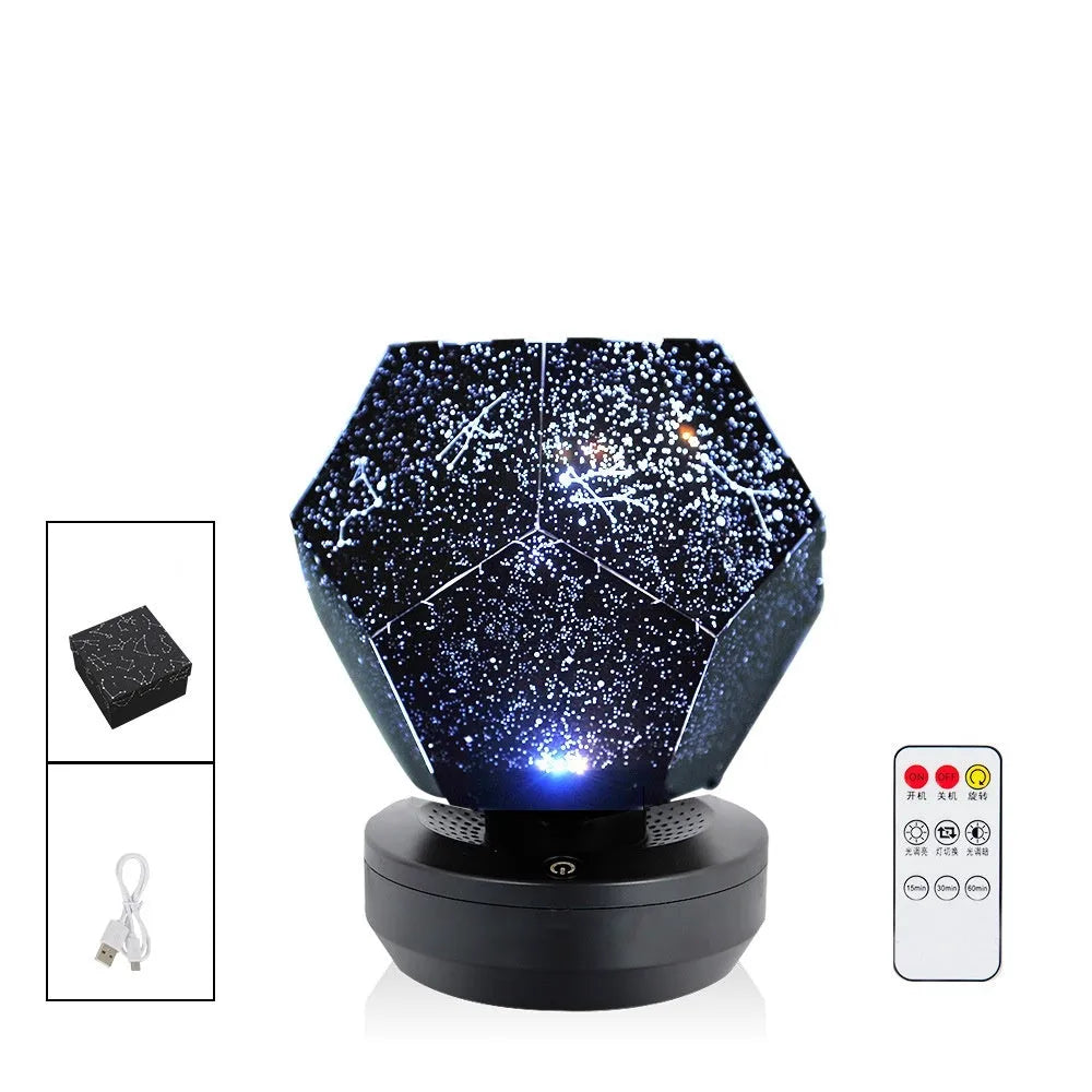 LED starry sky projector night lamp showing constellation projection on a bedroom ceiling.