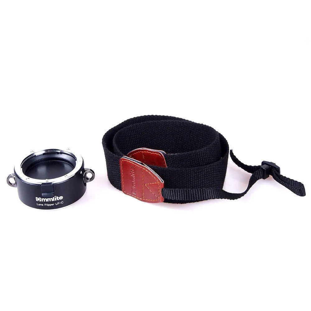 Camera lens flipper dual holder with stainless steel buckle on aluminium body and cotton shoulder strap
