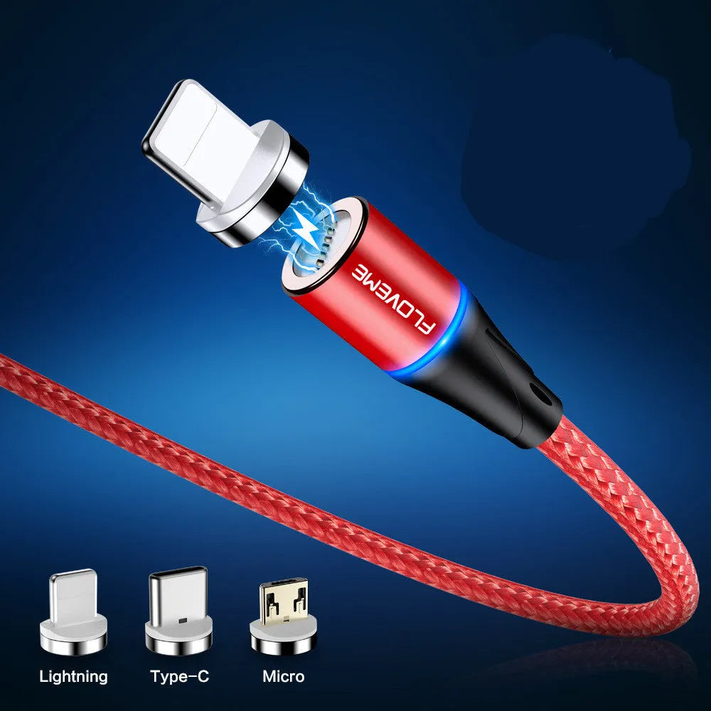 Black magnetic data cable with LED light showing iPhone and Android compatibility
