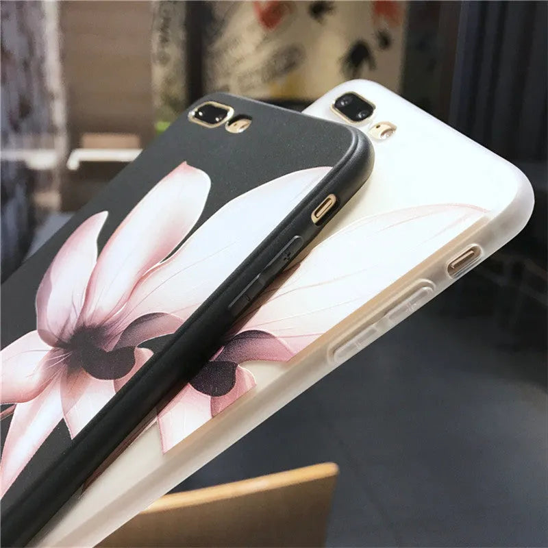 Embossed floral design TPU phone case for iPhone in black and white options