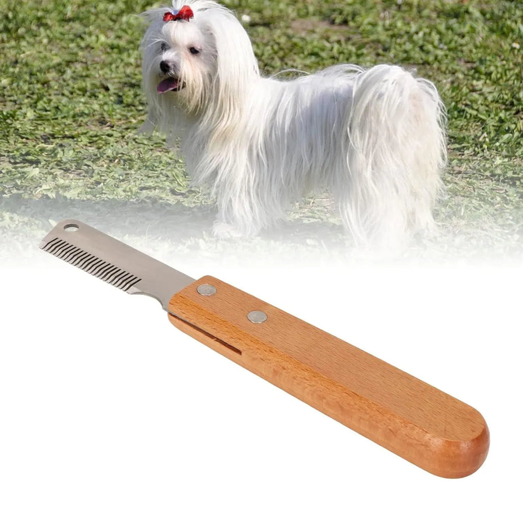 Pet grooming comb with wood handle and metal teeth for removing floating hair from dogs and cats