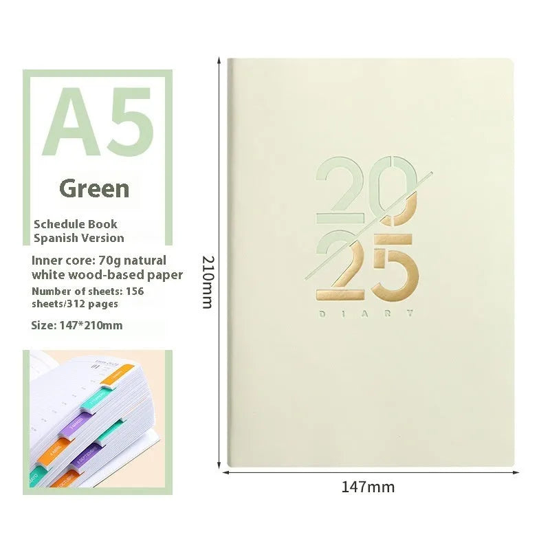 Soft faux leather A5 daily planner book open on a desk, showing Dorian paper pages and available colour variants.