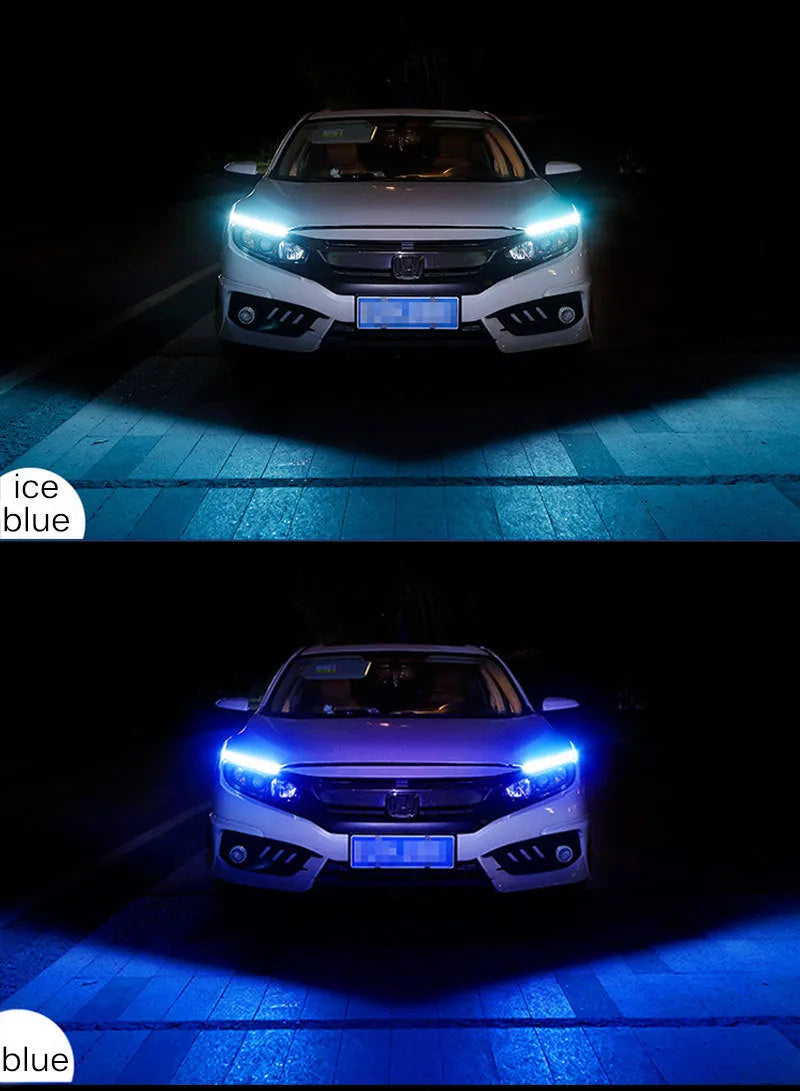 Flexible silicone car LED daytime running light strip with flowing turn signal animation, shown in multiple colours.
