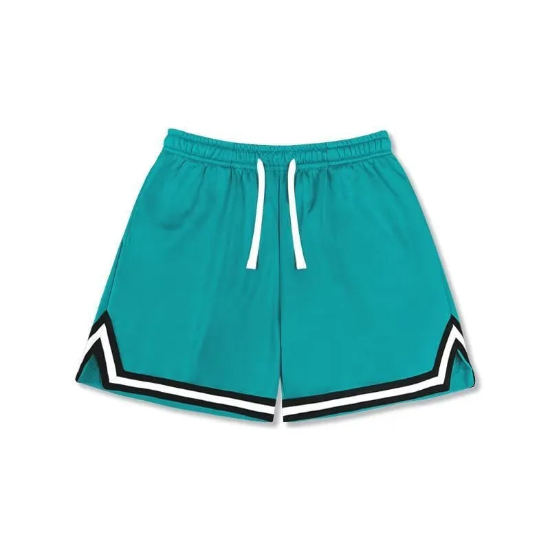 Men's loose sport shorts in polyester fabric available in nine colours including black, white, apricot, and blue shades