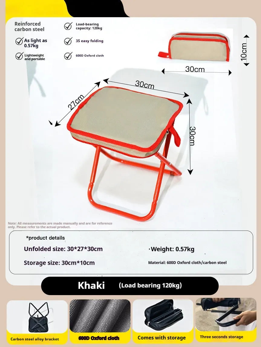 Lightweight foldable camp chair stool in Oxford cloth, shown in a khaki colour, folded into its compact pencil box shape.