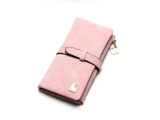 Vertical women's long wallet in retro matte Pu leather with zip closure showing interior card slots and phone pocket