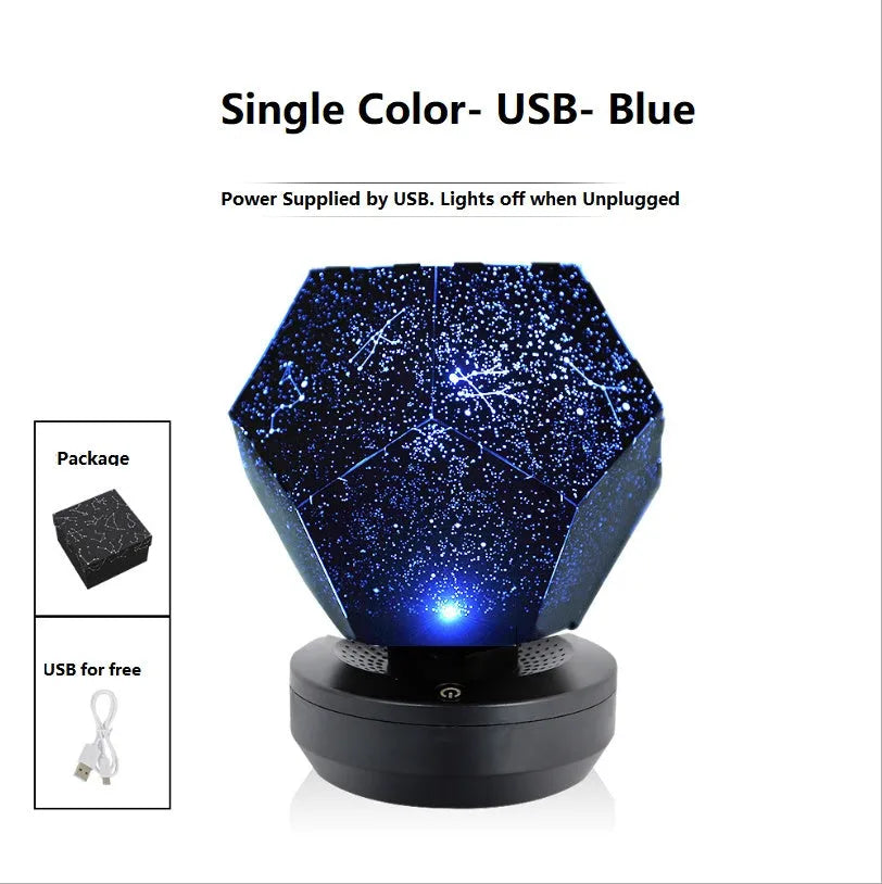 LED starry sky projector night lamp showing constellation projection on a bedroom ceiling.