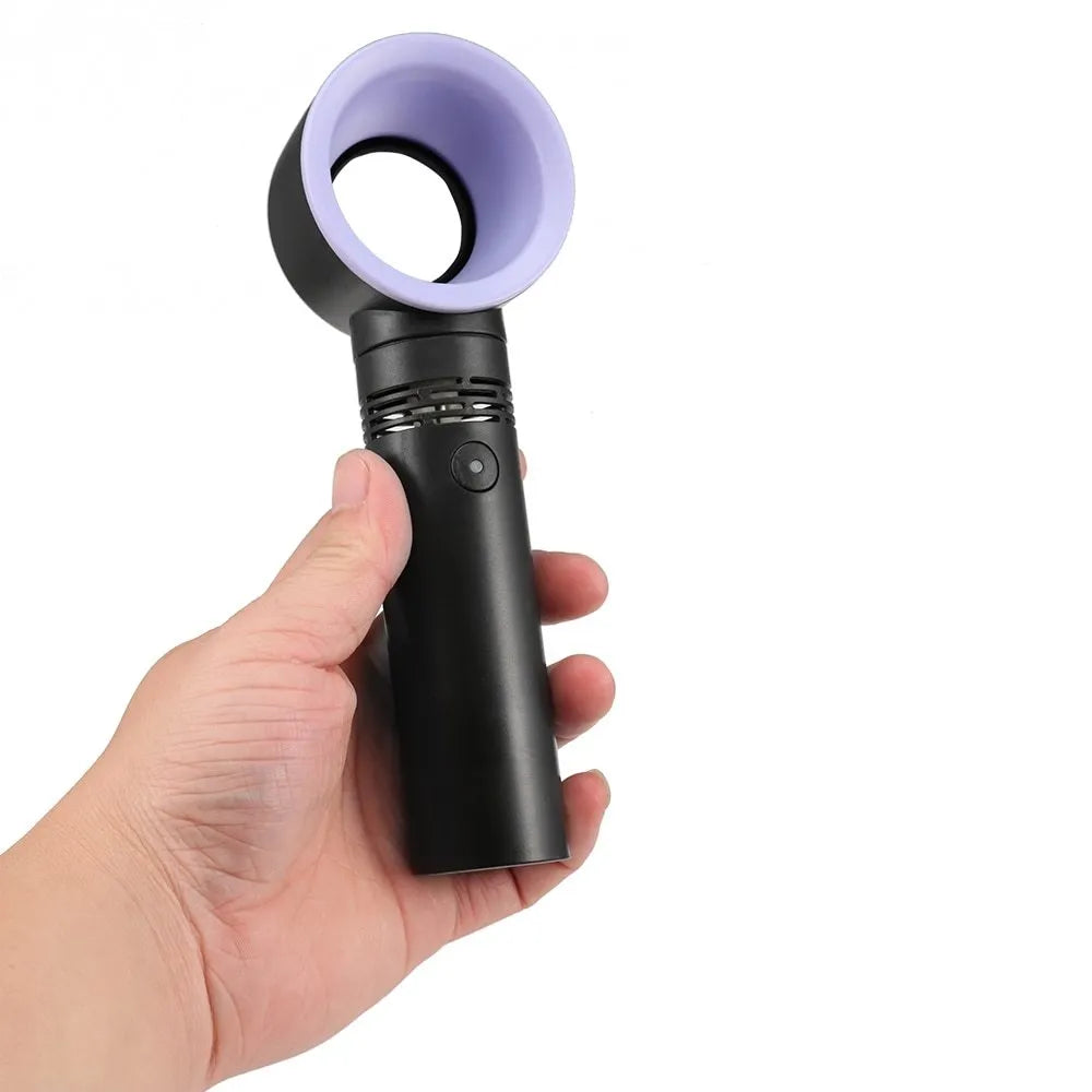 A portable bladeless desk fan with a modern design, shown on its base with a USB cable, available in multiple colours.
