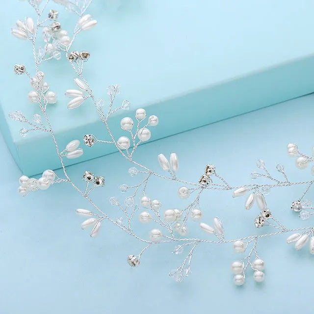 Bridal pearl hair band in silver, gold KC and rose gold colours with three length options