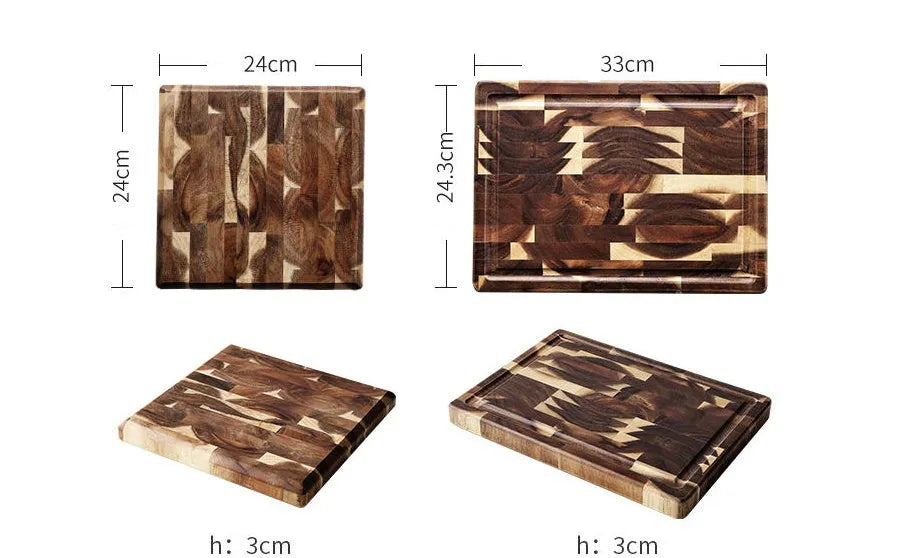 Brown acacia wood parquet cutting board with 3cm thickness on kitchen counter