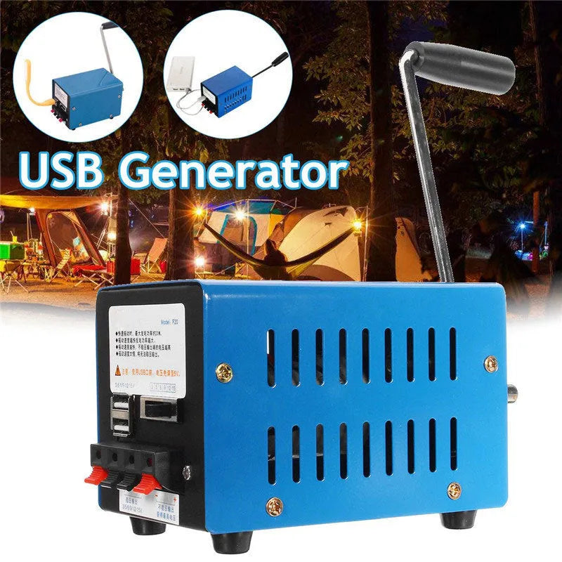 Blue metal hand crank emergency USB power generator with voltage selector and non-slip base