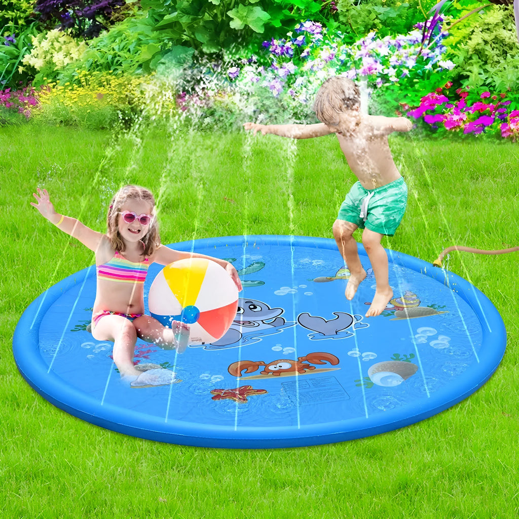 Blue PVC children's water spray mat with marine animal designs measuring 100cm by 170cm
