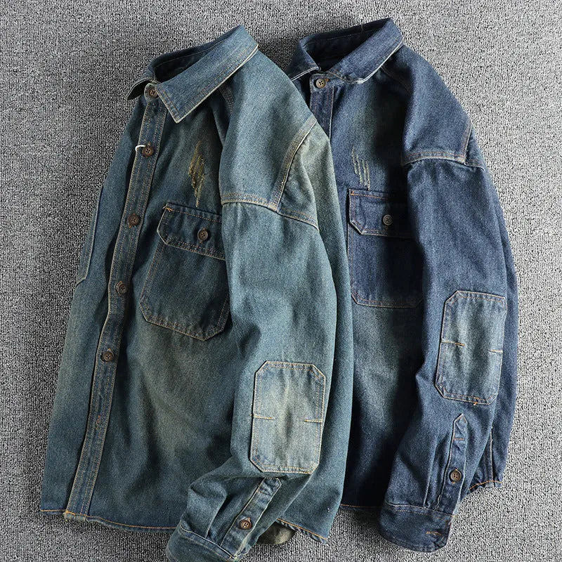 Men's light blue washed vintage denim shirt in loose fit cardigan style with long sleeves