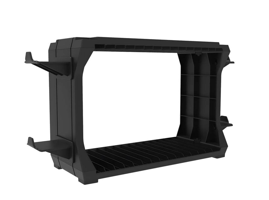 Black ABS plastic stand holding game discs and four controllers for PS5 and Xbox