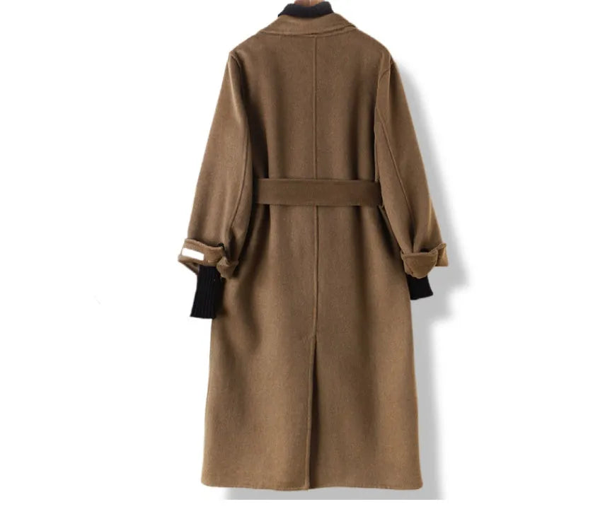 Men's tailored wool coat with long suit collar in black and caramel colour options