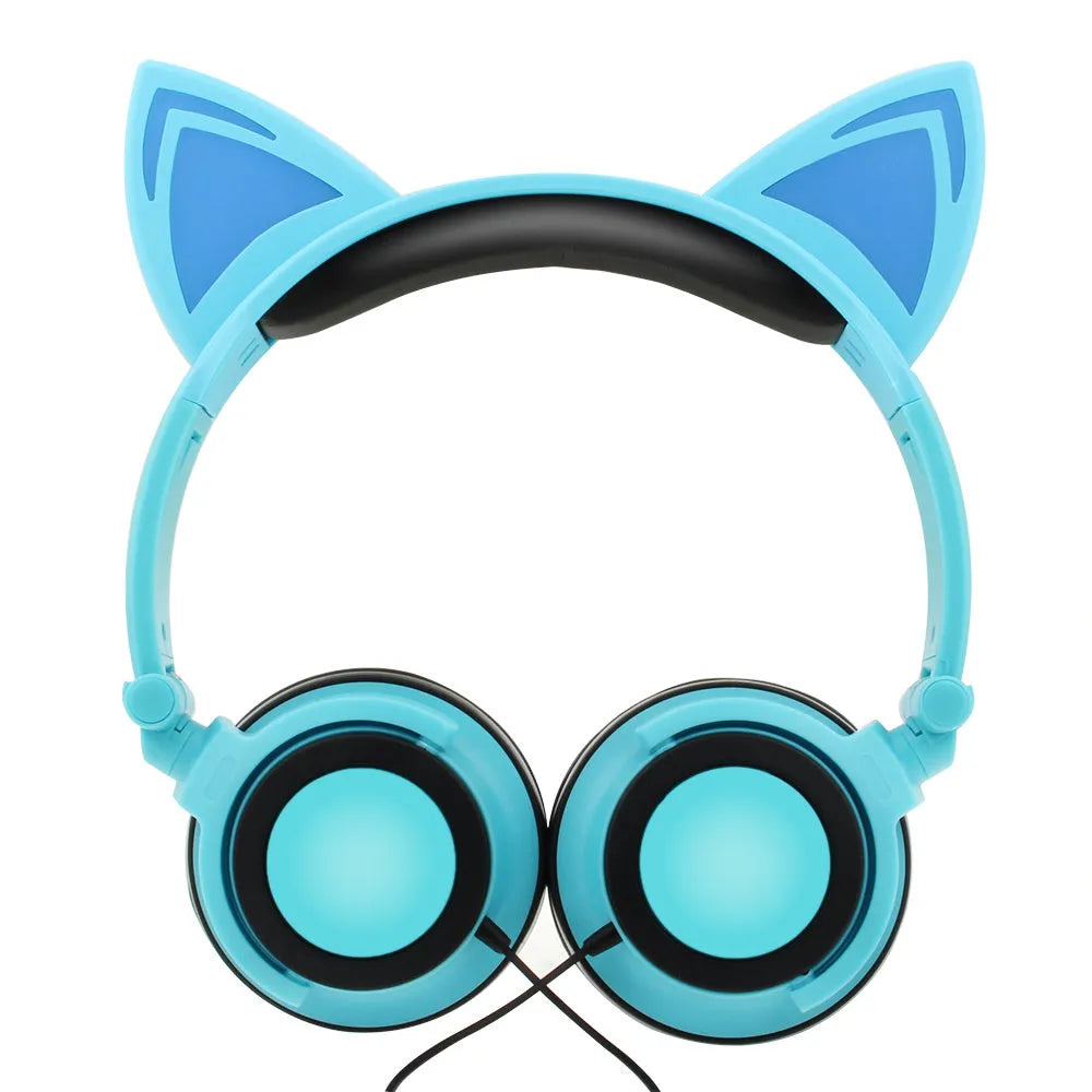 LED illuminated black cat ear headphones with soft PU earcups and a 1.5m cable showing pink and blue lighting