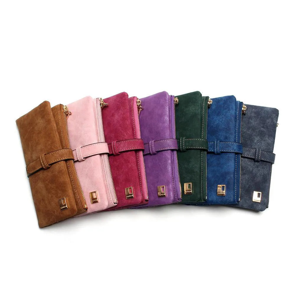 Vertical women's long wallet in retro matte Pu leather with zip closure showing interior card slots and phone pocket