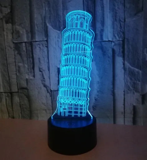 3D Leaning Tower of Pisa nightlight showing colour-changing acrylic design on black ABS base