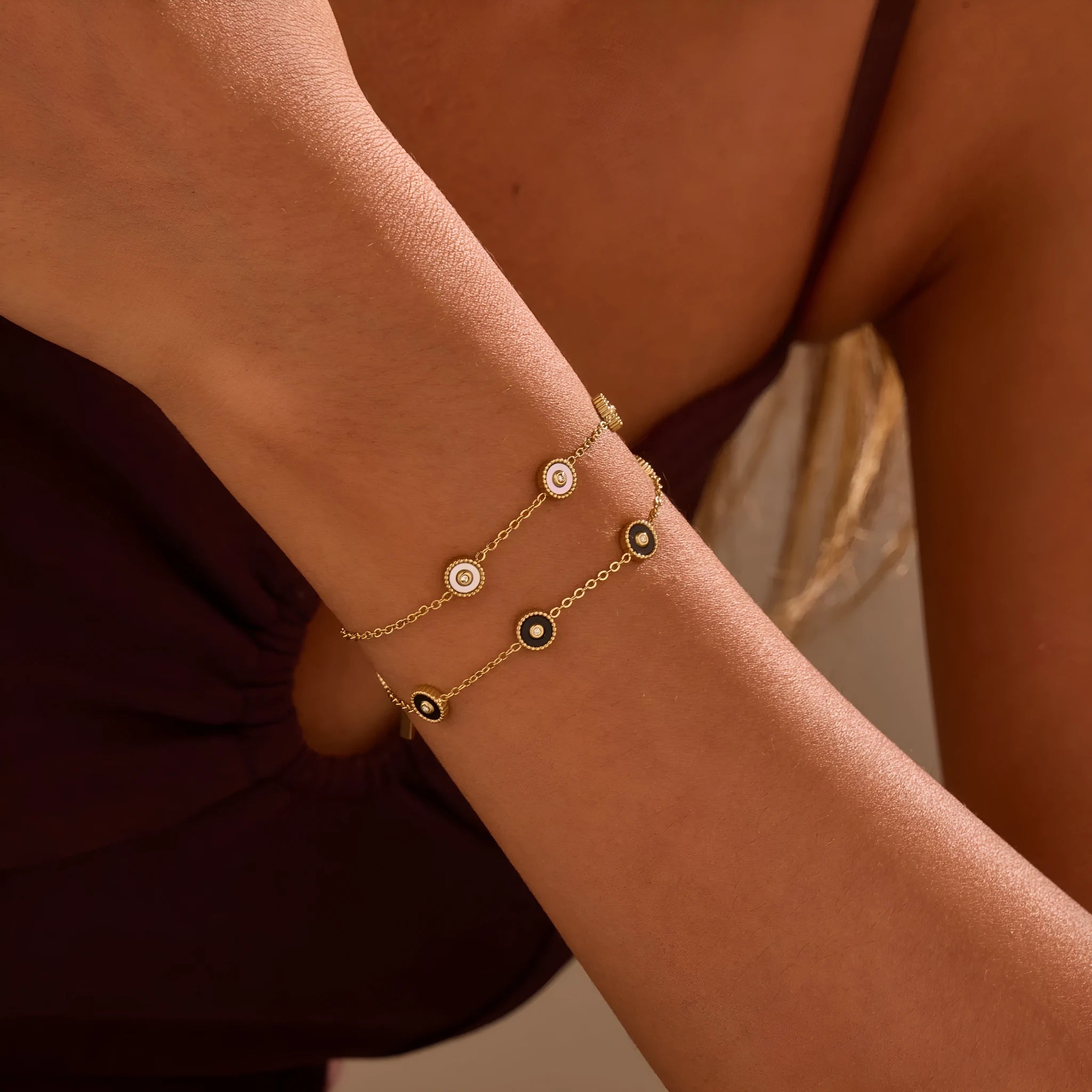Women's geometric fritillary pattern bracelet and necklace set with 18K gold plating over stainless steel