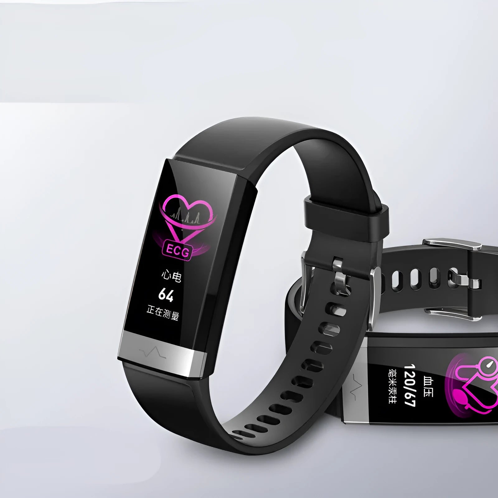 V19 smart fitness bracelet with black TPU strap showing ECG and SpO2 monitoring on screen