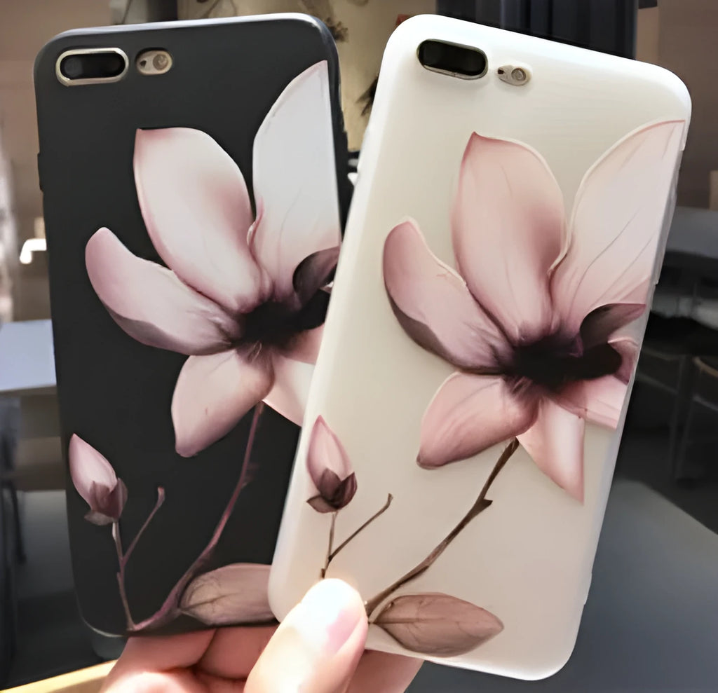 Embossed floral design TPU phone case for iPhone in black and white options