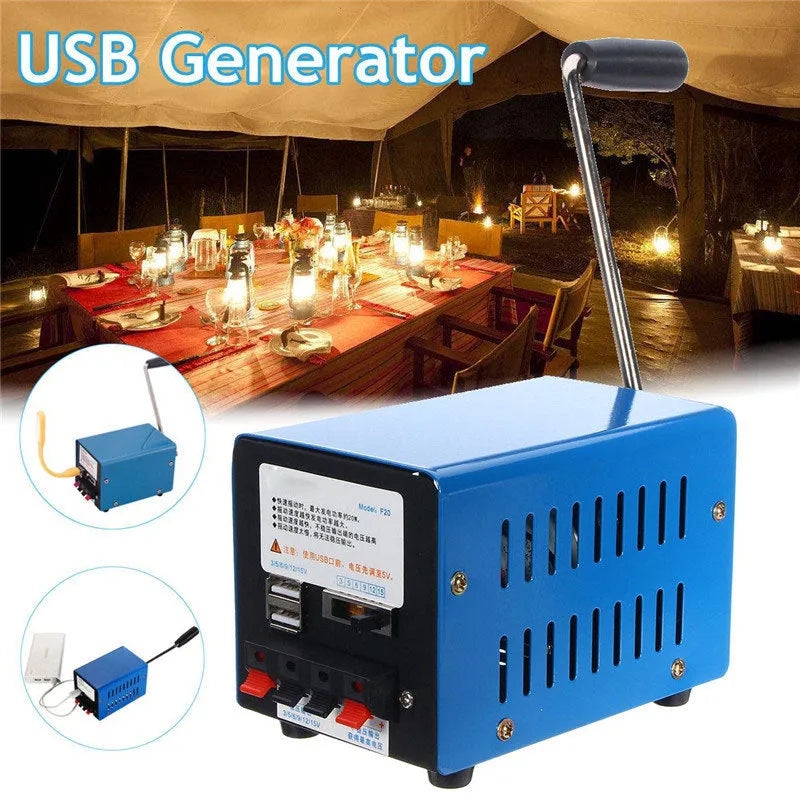Blue metal hand crank emergency USB power generator with voltage selector and non-slip base