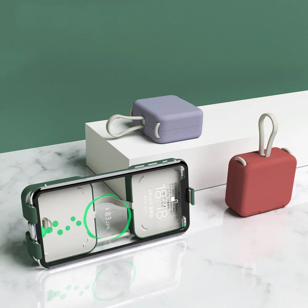 Handbag back clip power bank in blue, showing clip, phone stand function, and Type-C/Lightning ports.