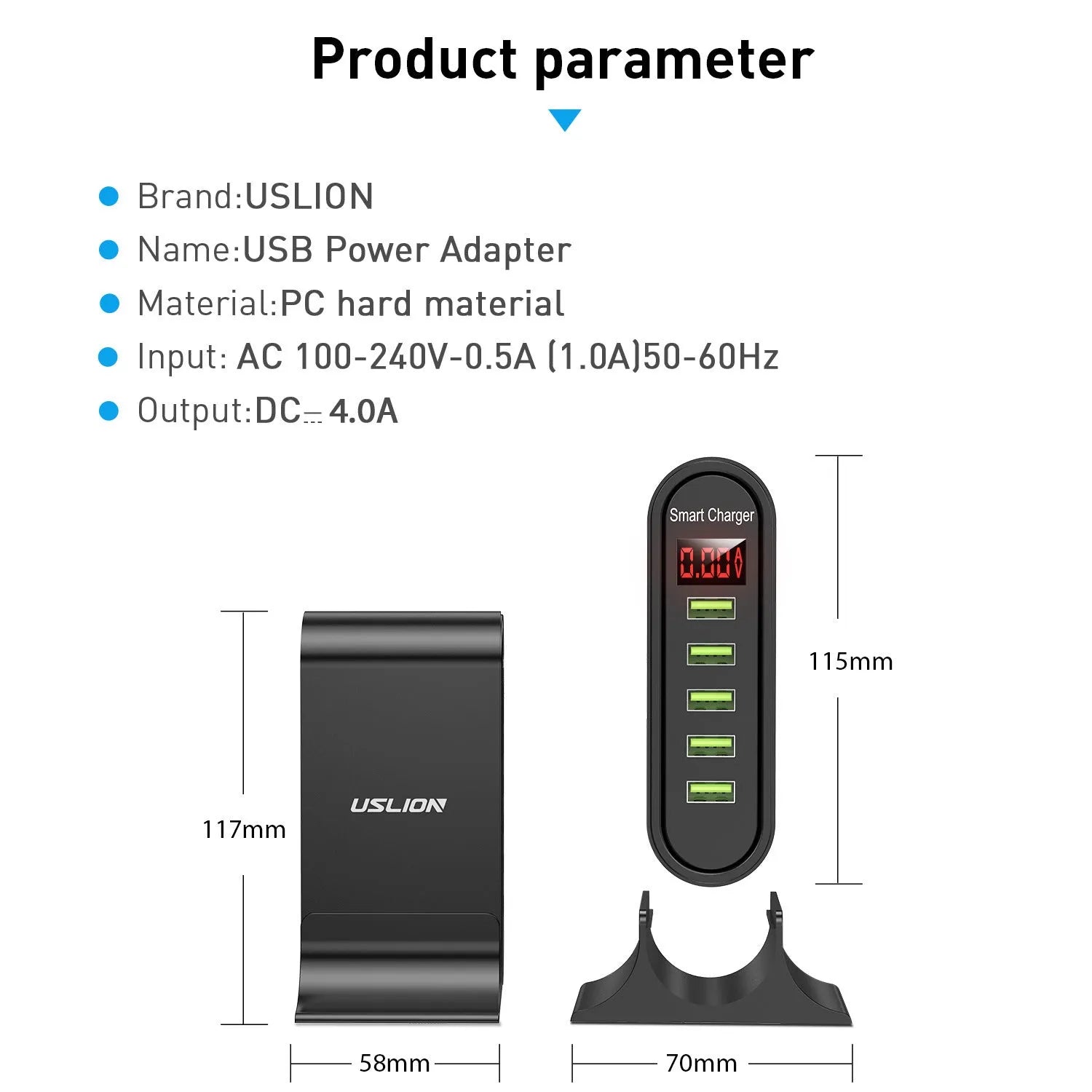 Black and white Smart LED Digital Display USB wall charger showing UK, US, and EU plug style options.