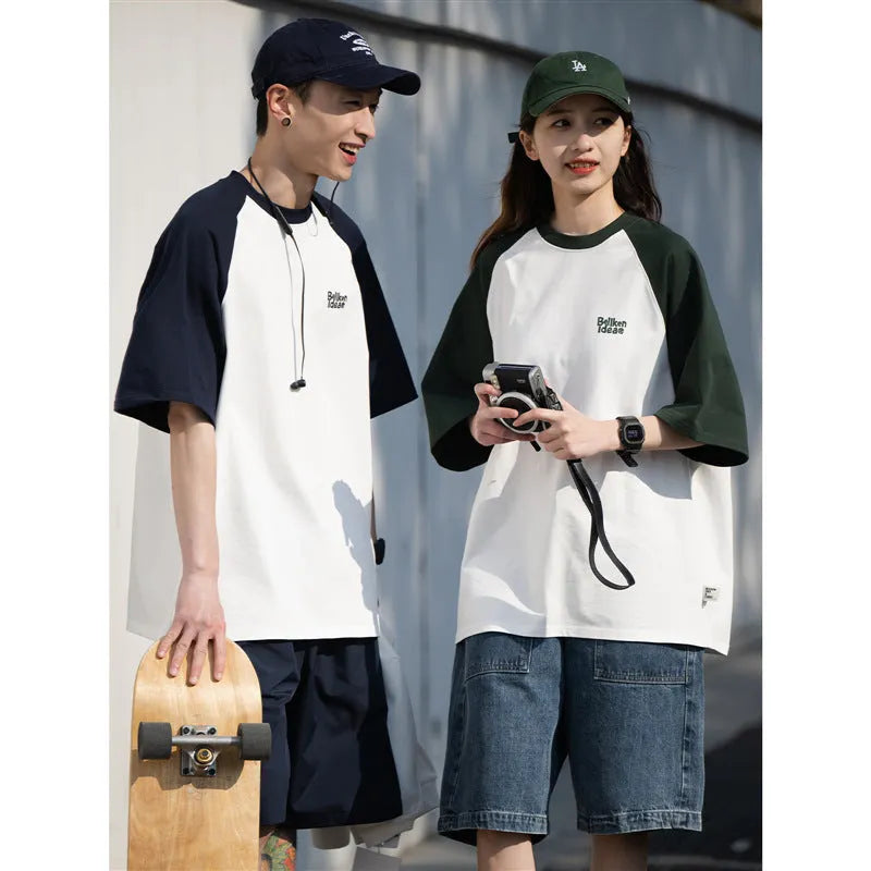 Men's blue casual raglan sleeve T-shirt with loose fit and pullover style