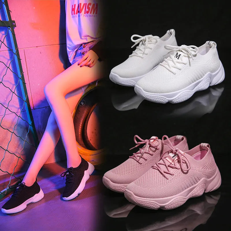 Women's white thick-soled flying woven casual sports shoes with front strap closure