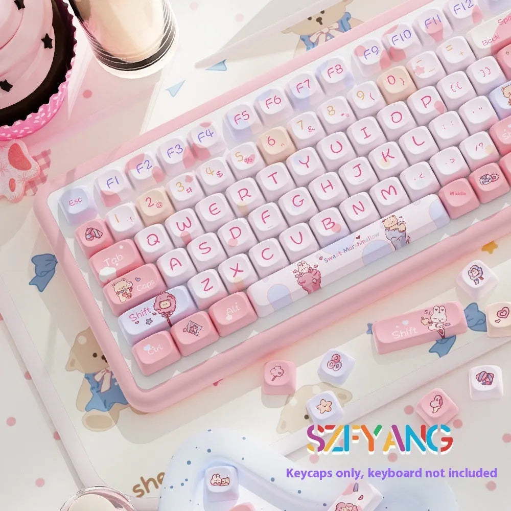 Sweet cotton candy coloured PBT plastic keycap set for mechanical keyboards, showing 112-key and 120-key options.