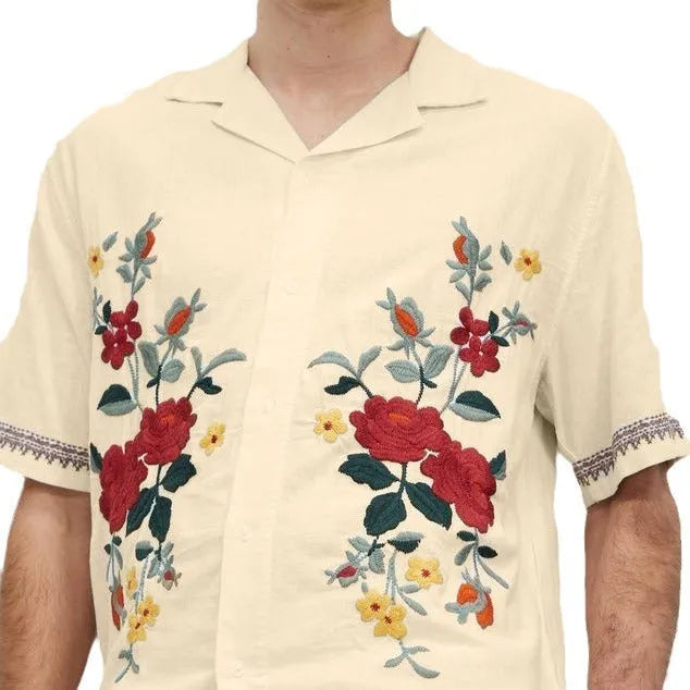 Men's apricot summer shirt with vintage floral print and loose fit