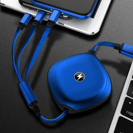 Telescopic charging cable extended to 120cm with 3-in-1 connectors in choice of colours