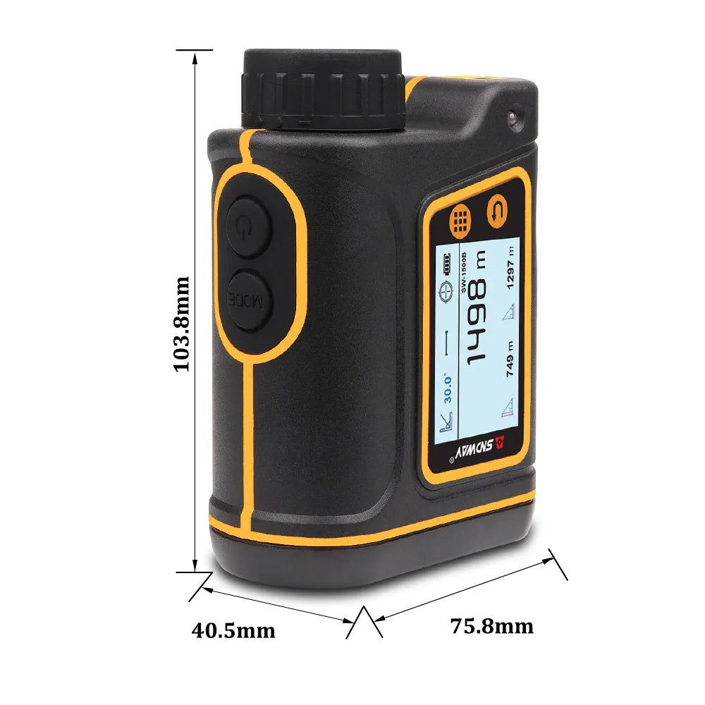 Handheld golf laser rangefinder showing compact design with distance measurement display